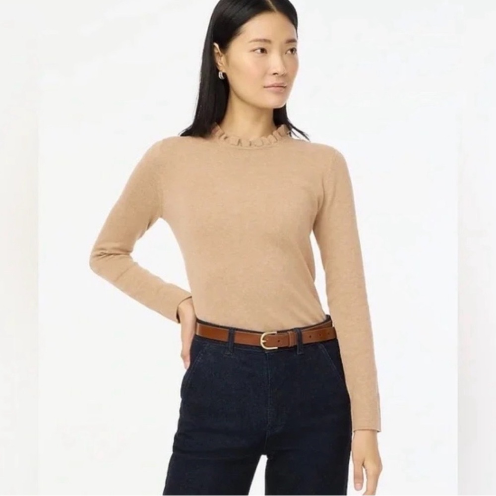 J. Crew Tan Ruffle-Neck Long-Sleeve Tee